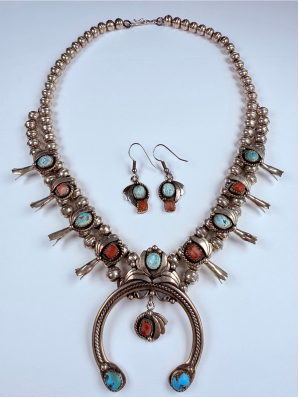 Old Pawn Navajo Squash Blossom Turquoise Coral Sterling VTG Necklace, Earrings - Picture 2 of 11